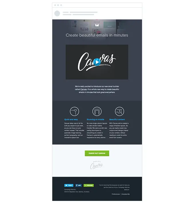 Canvas email builder featuring a stylish header and key benefits.