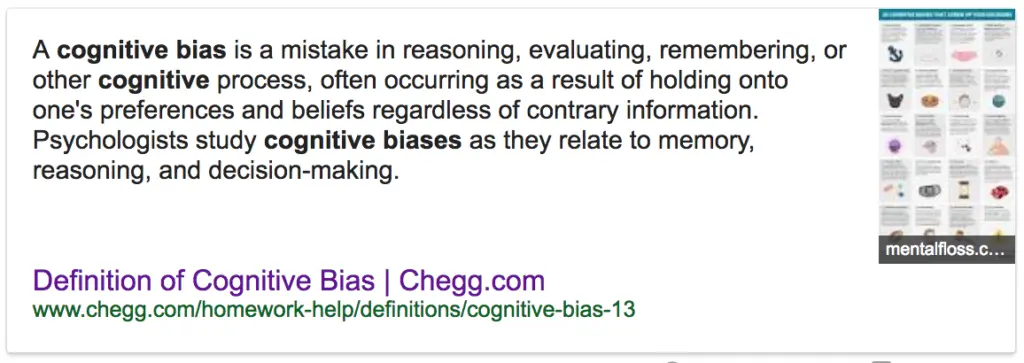 Cognitive biases diagram showing various types and their definitions.