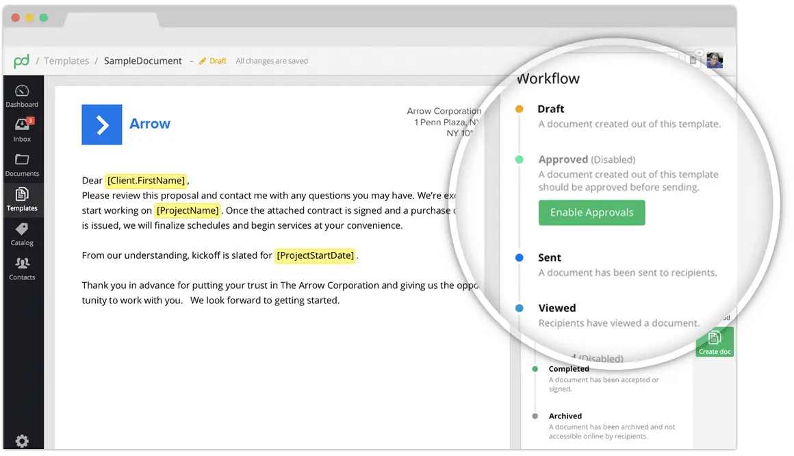 Bidsketch workflow showing document approval status and recipient details.