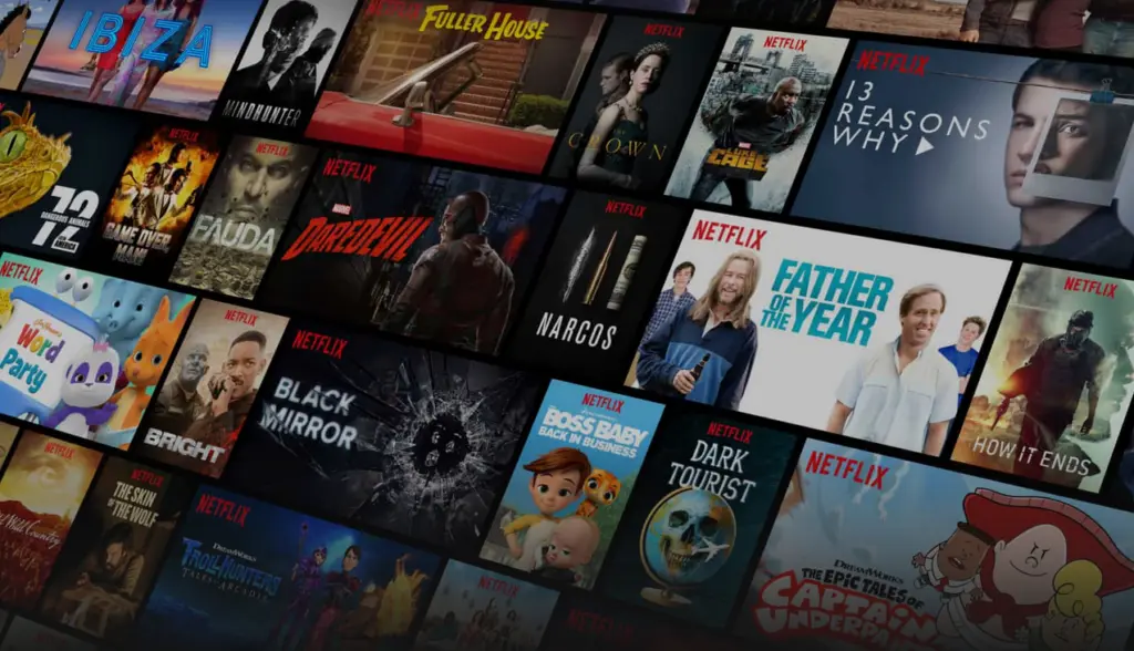 Netflix content library showcasing various shows and movies.