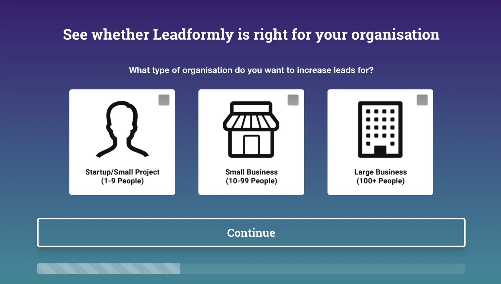 Leadformly organization selection screen with user types options.