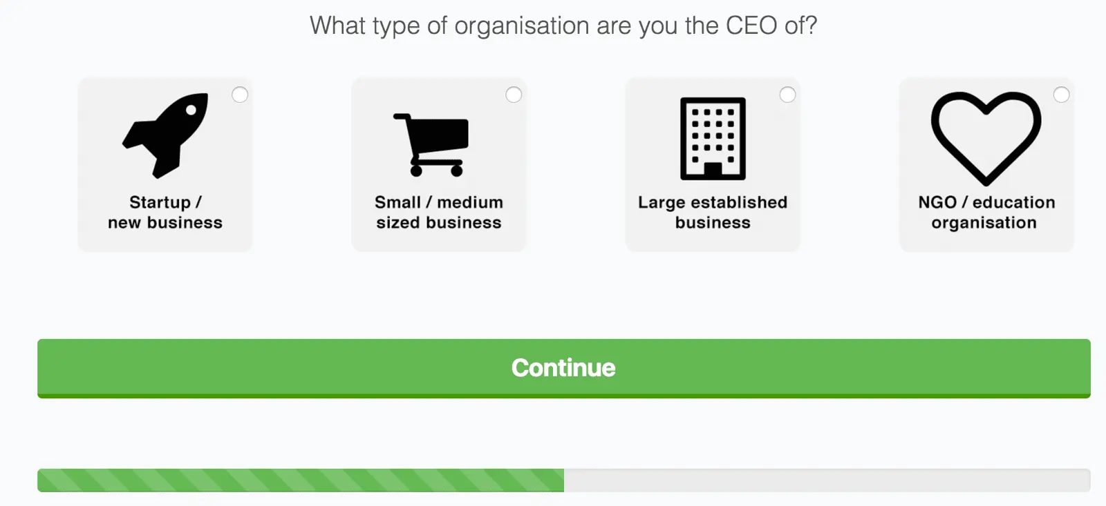 Typeform multistep form asking about organization type with progression indicator.