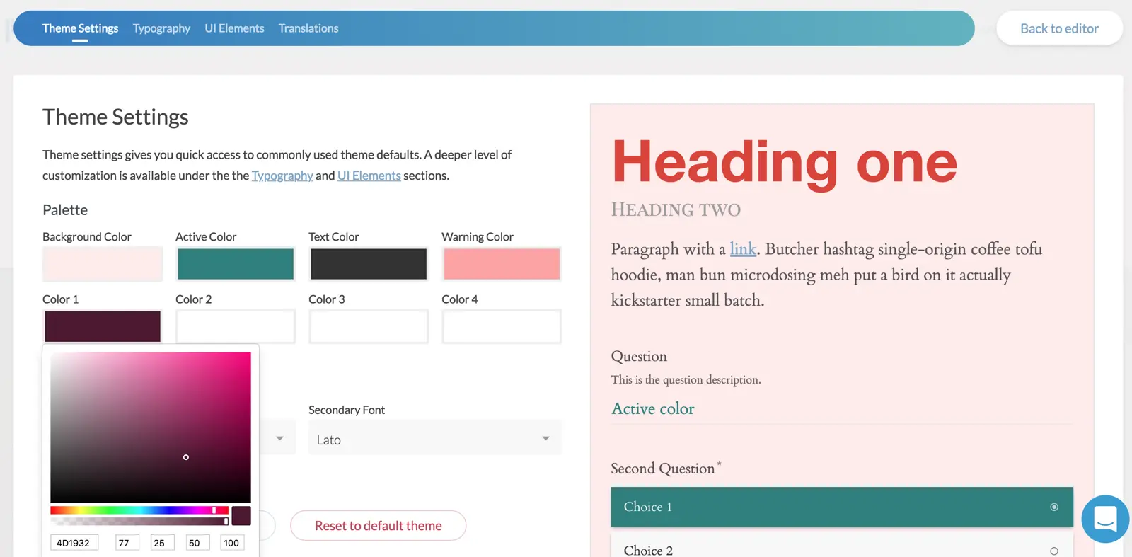 Paperform theme settings interface displaying color and typography customization options.