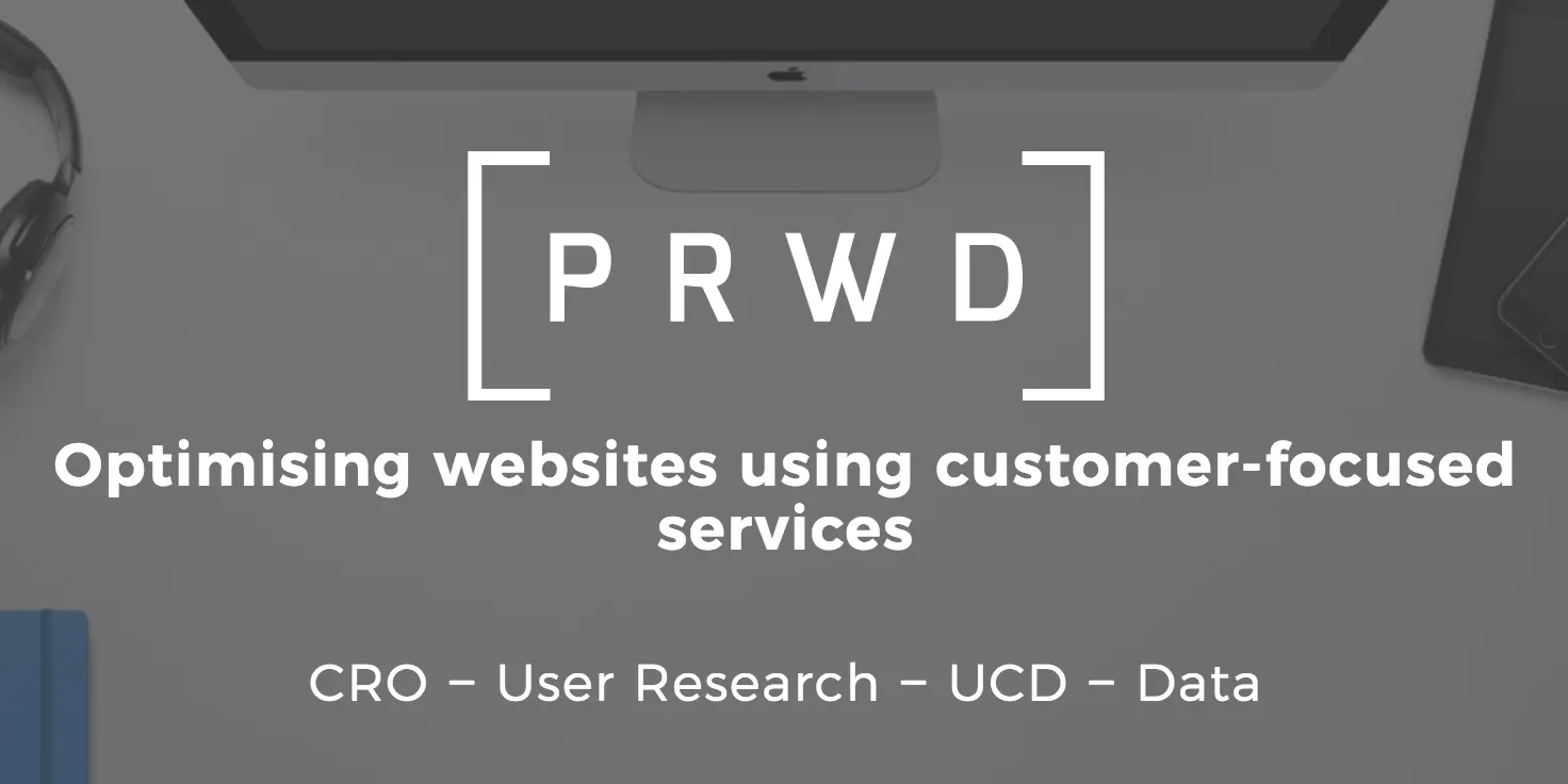 PRWD branding and services overview highlighting CRO, user research, UCD, and data.