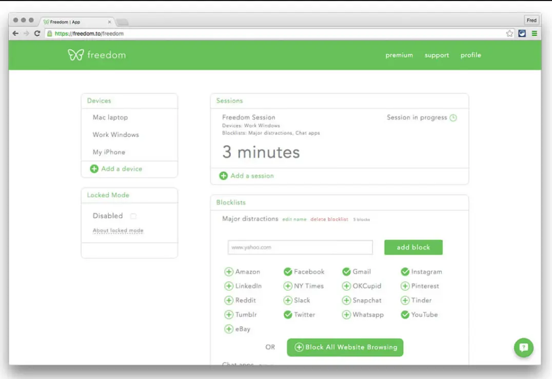Freedom app interface showing active session and blocked websites.