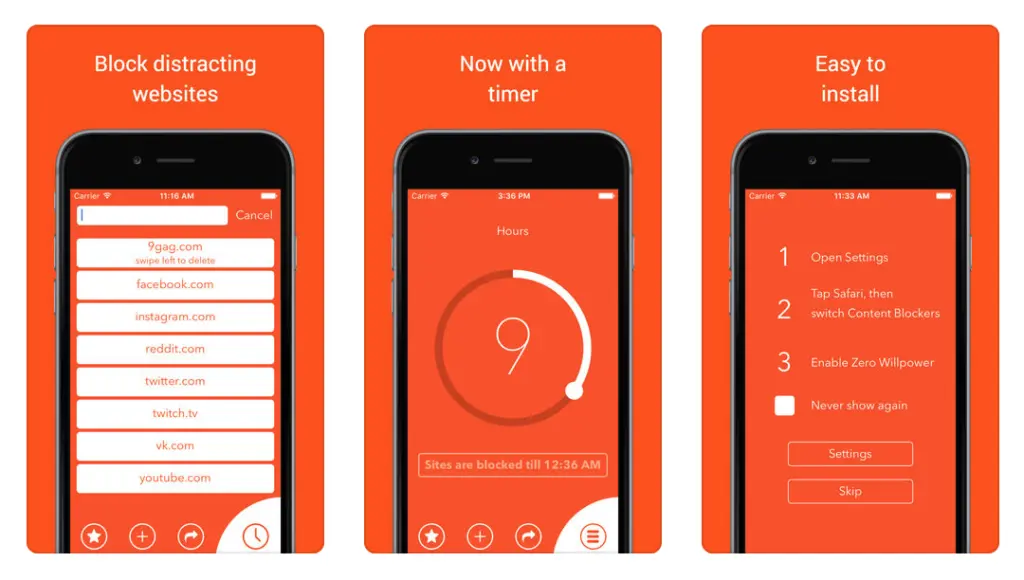 Zero Willpower settings screens showing website blocking features and timer function.