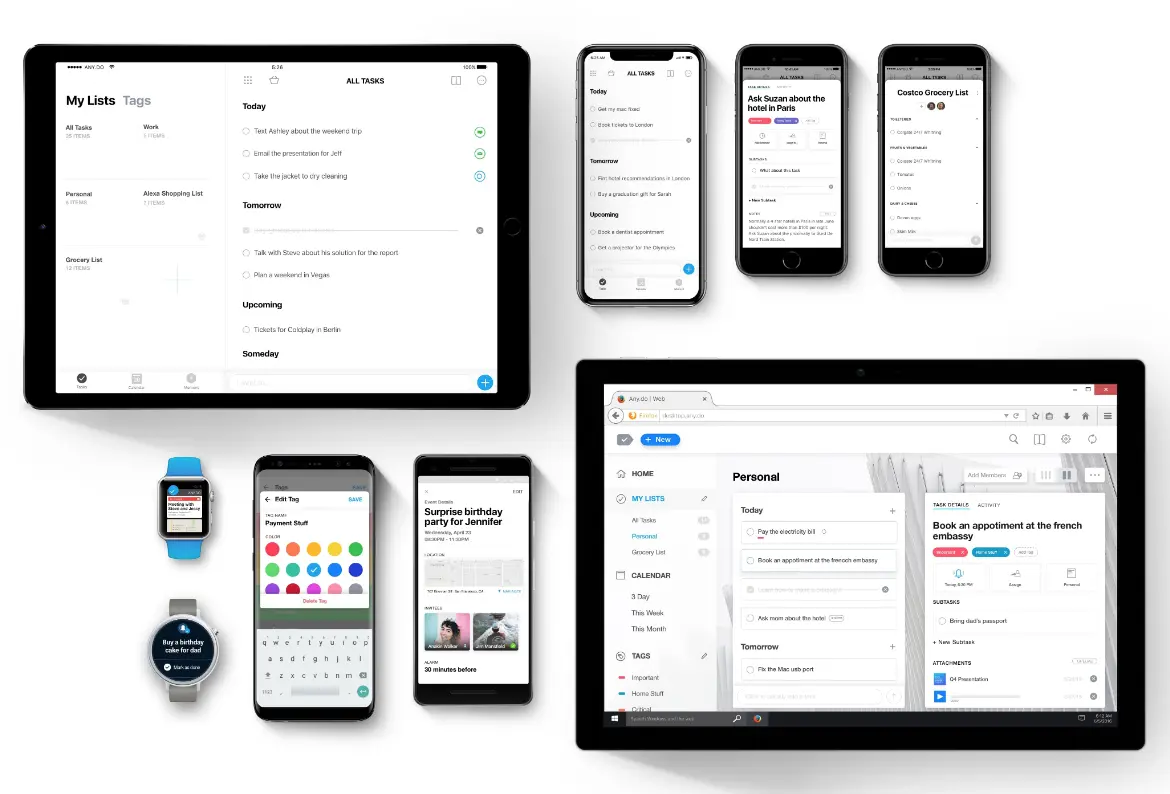 Todoist showing task management features across multiple devices.