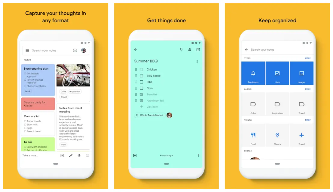 Google Keep note-taking app showcasing various lists and organizational features.