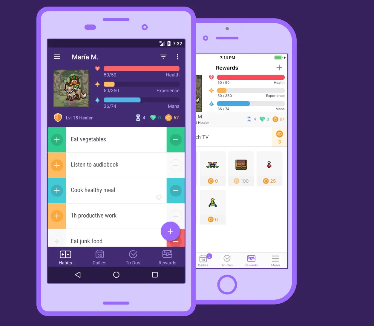 Habitica app interface displaying user tasks and rewards.