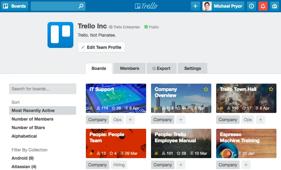 Trello dashboard showing team boards and member activity.
