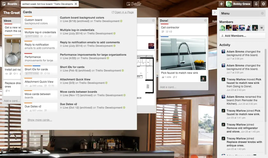 Trello boards showing project management tasks and card assignments.