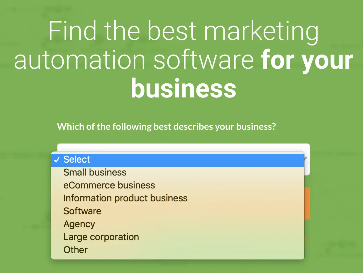 marketing automation software selection dropdown for business type