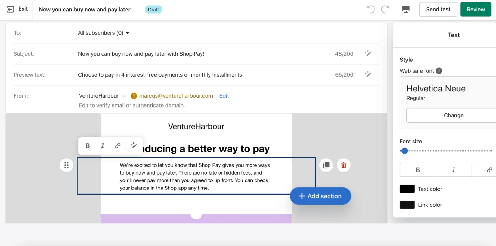 ActiveCampaign email editor showing a promotional email layout.