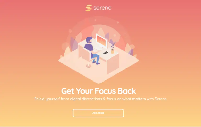 Serene landing page promoting focus and distraction-free work environment.