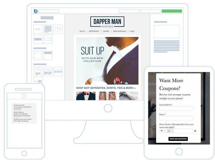 Sendinblue drag-and-drop builder interface showcasing email design creation.