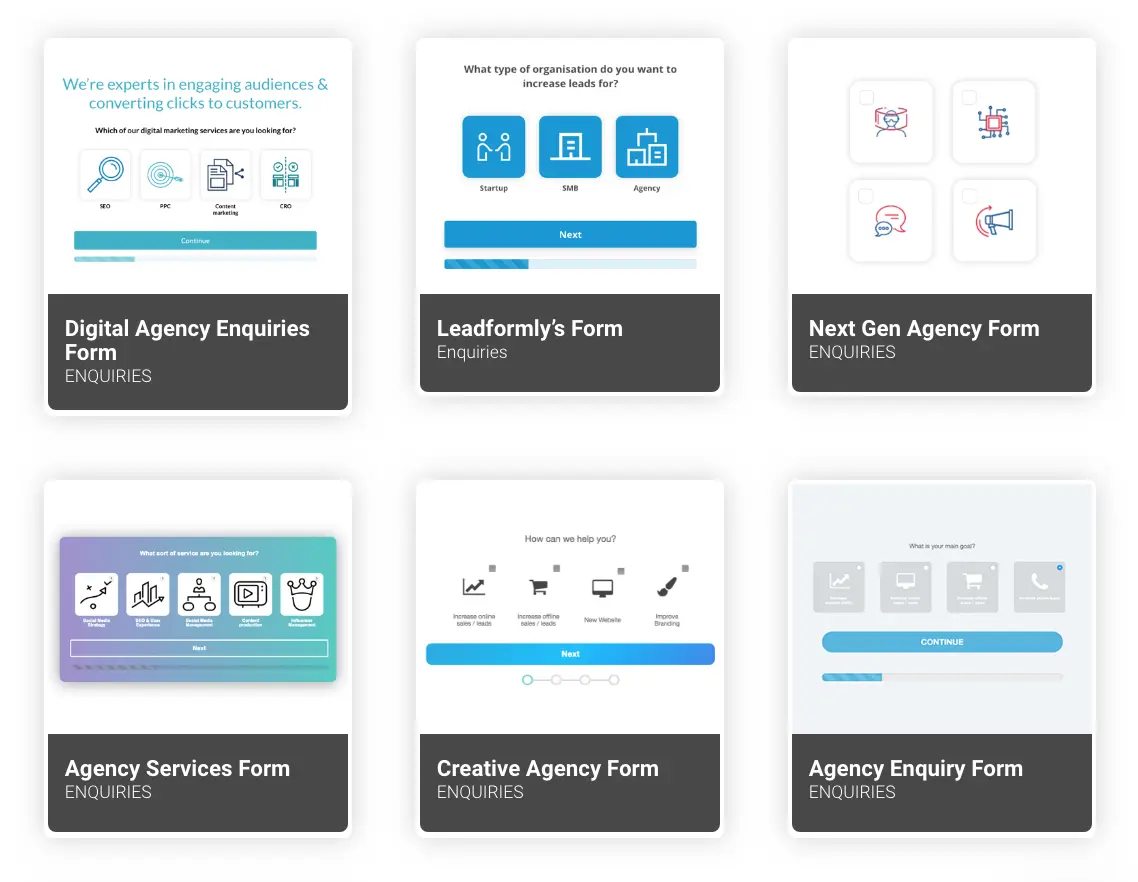 Leadformly showing various inquiry form templates for agencies.
