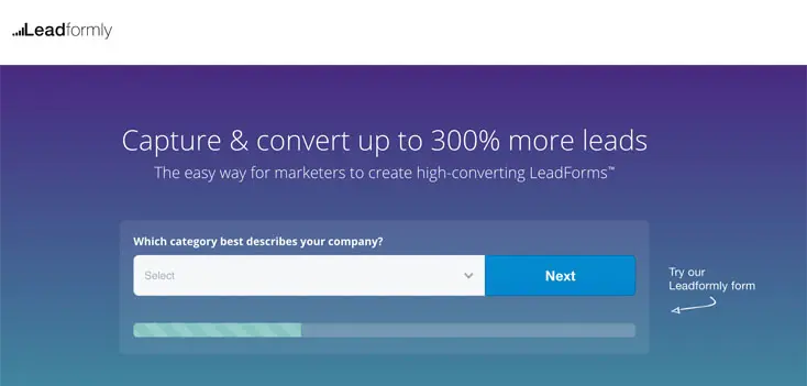 Leadformly homepage showcasing lead capture form.