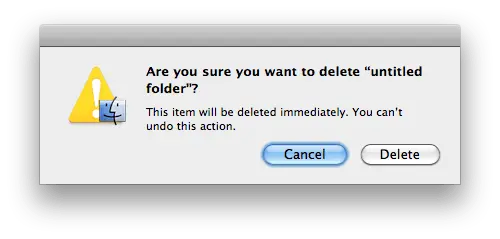 Confirmation dialog warning about permanent deletion of a folder with options to cancel or proceed.