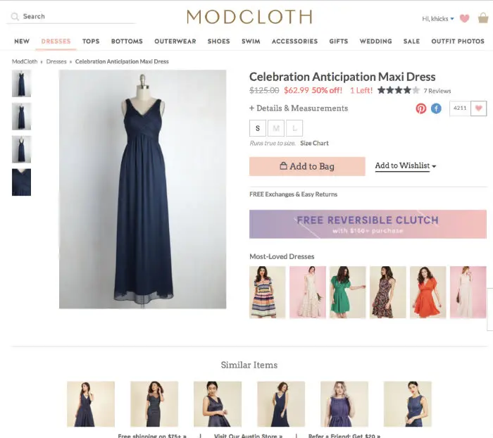 ModCloth product page displaying the Celebration Anticipation Maxi Dress.