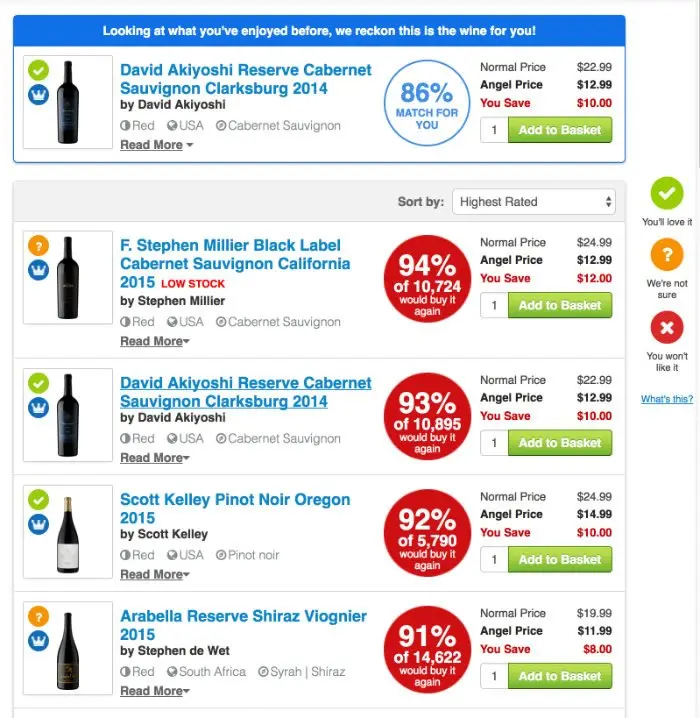 Naked Wines wine recommendation interface displaying user ratings and prices.