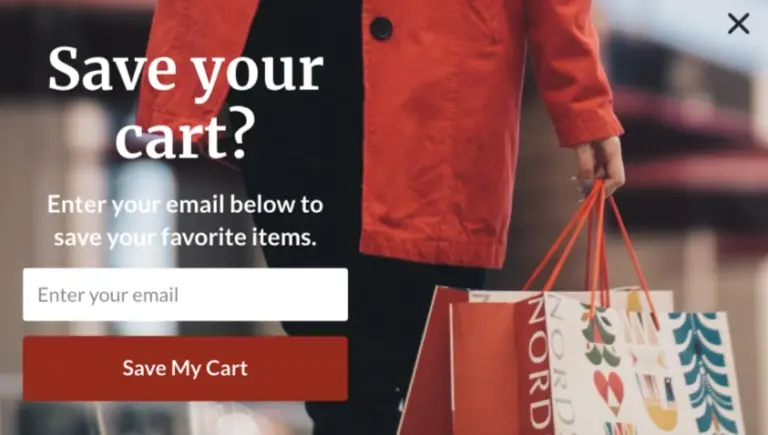Popup prompting users to save their cart with email entry field.