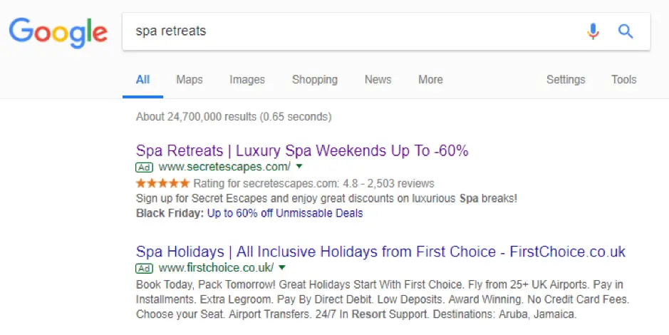 Secret Escapes Google ad showing spa retreats search results.