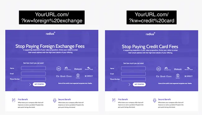 Unbounce dynamic text replacement example with two variants of landing page headlines.