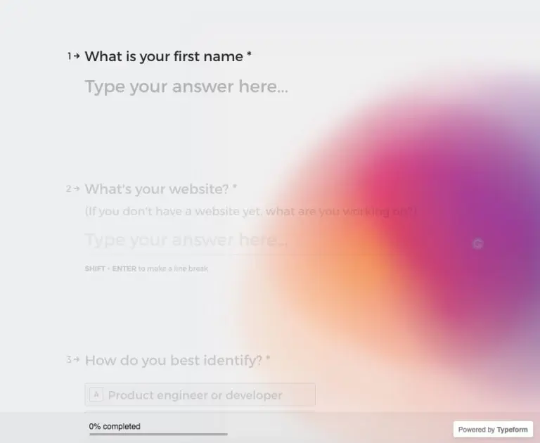 Typeform sign-up form showing user input fields for name, website, and identification.