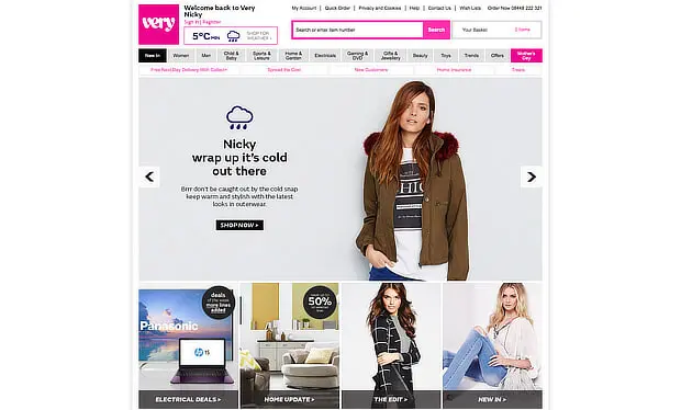 Very homepage showcasing winter clothing promotions and personalized marketing strategies.