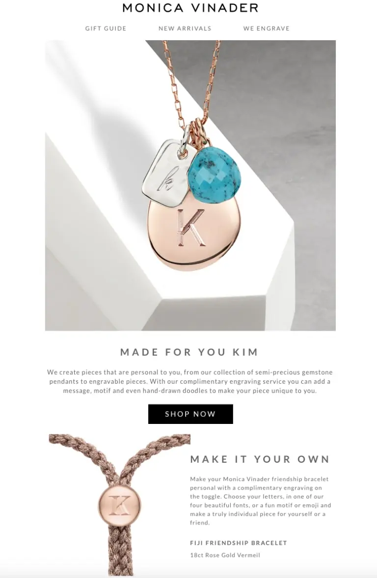 Monica Vinader jewelry featuring personalized name tags and gemstones.