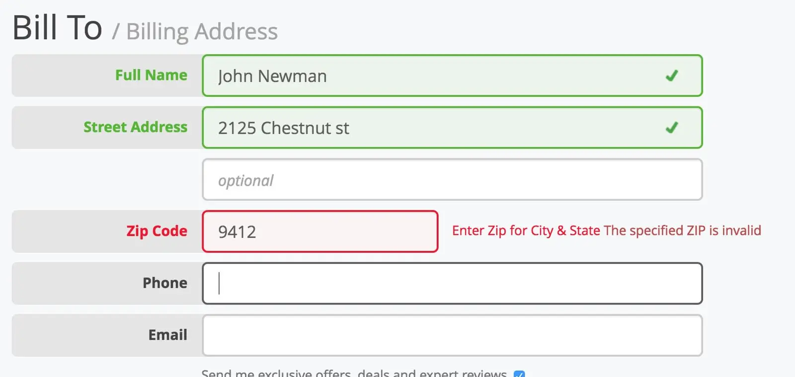 Form validation feedback displaying user input and error messages.
