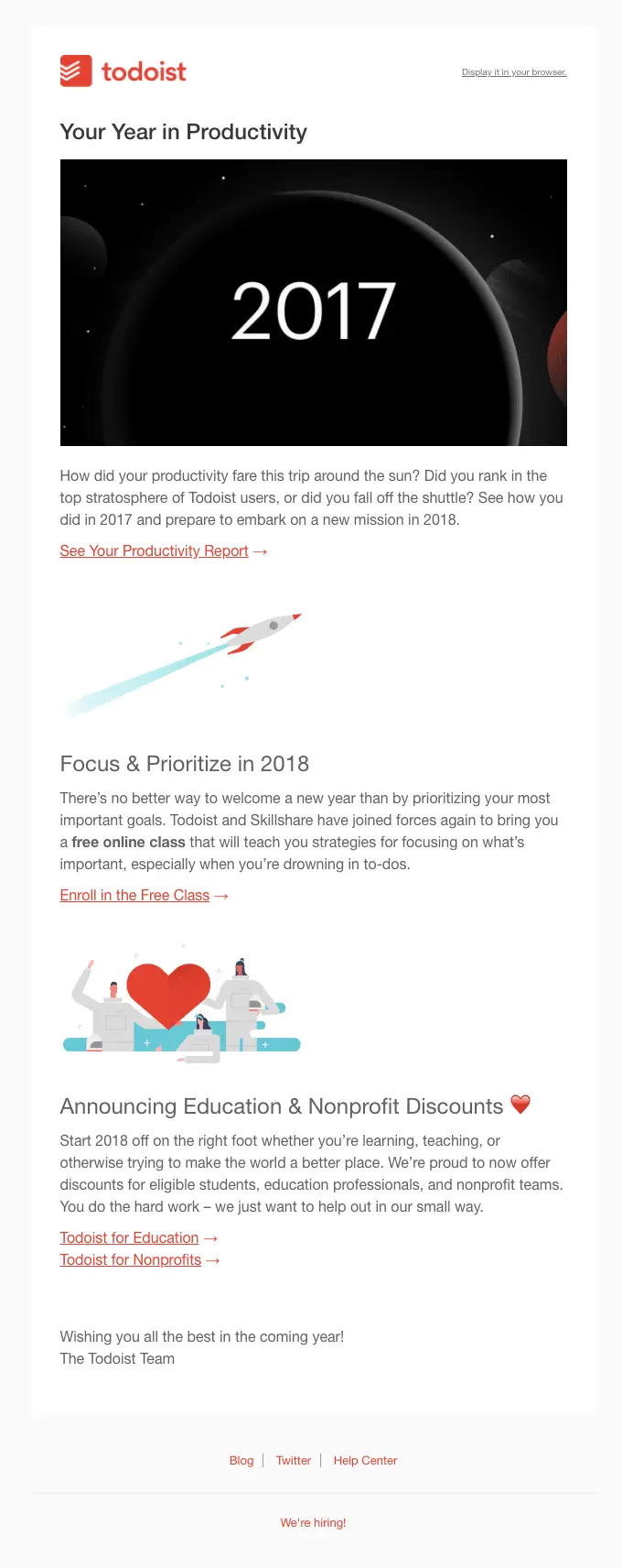 Todoist 2017 year-in-review highlighting user productivity metrics.
