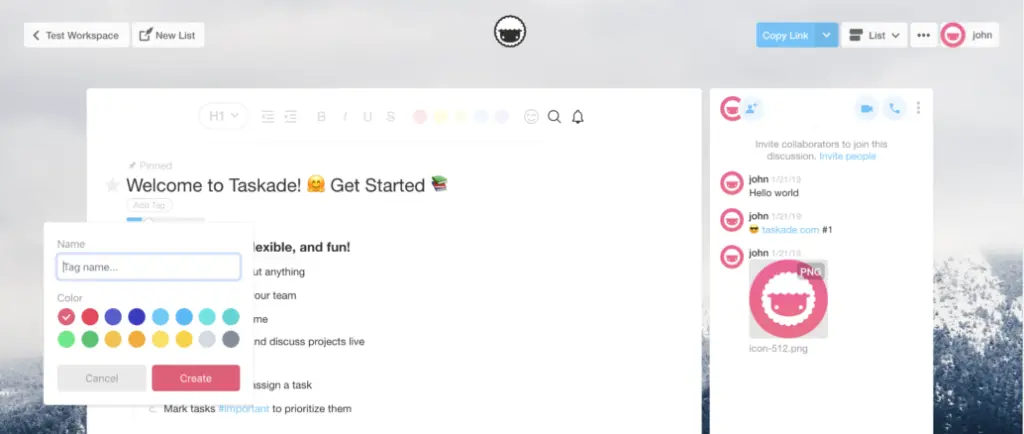 Taskade workspace showing task creation and collaboration features.