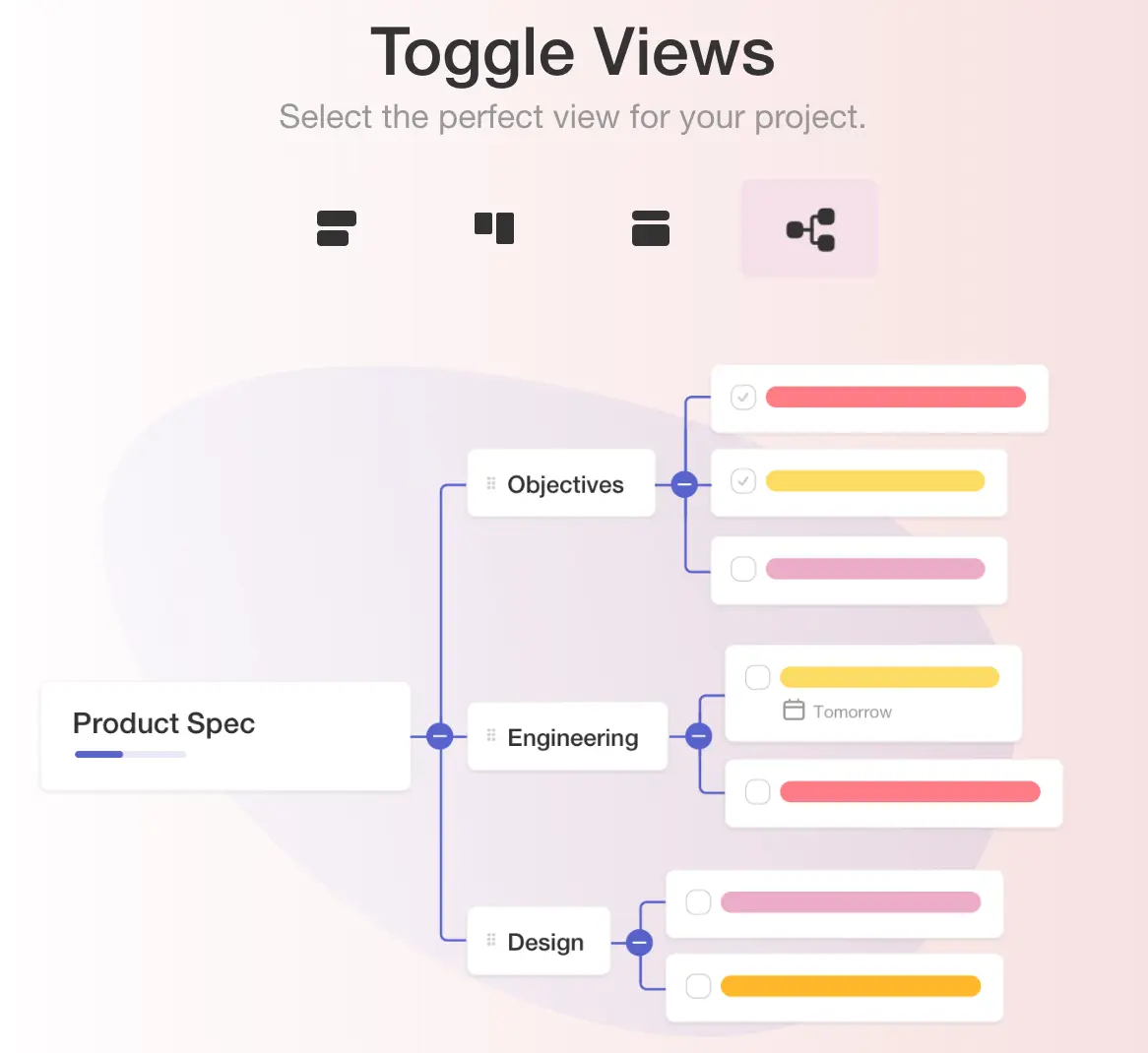 Taskade view toggling options for project management.