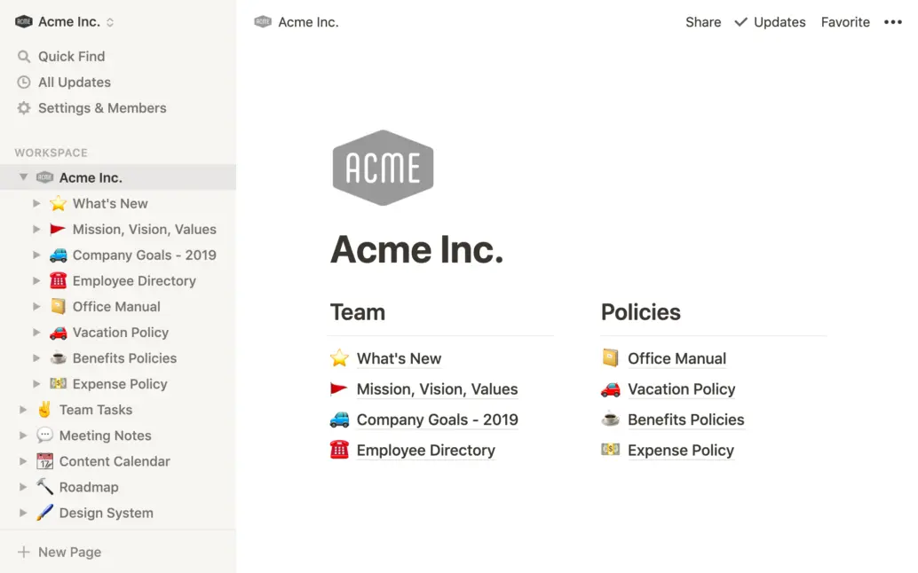 Notion workspace showcasing team and policy organization.