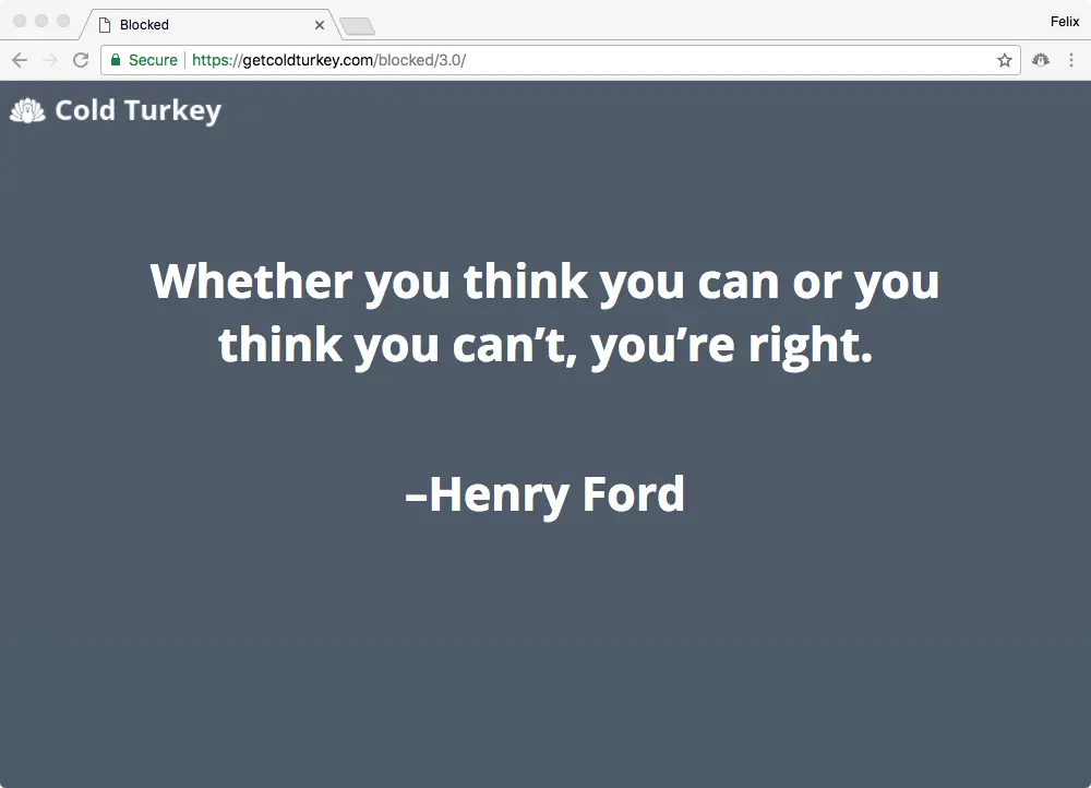 Cold Turkey blocked page displaying motivational quote by Henry Ford.