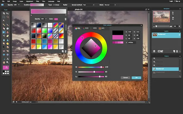 Pixlr color selection tool showing color palette and adjustments.