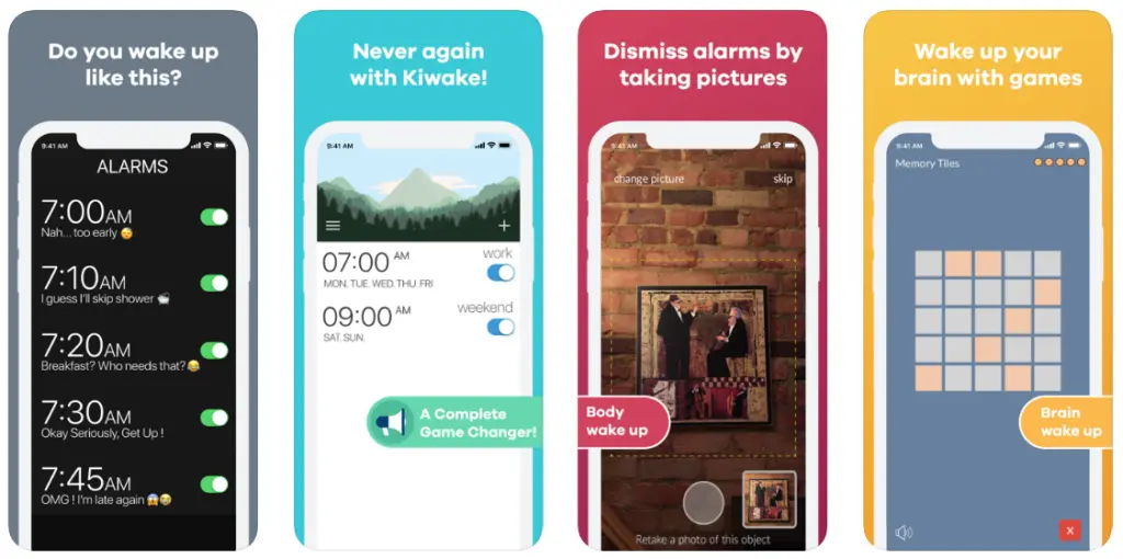 Kiwake app showing alarm options and wake-up features.