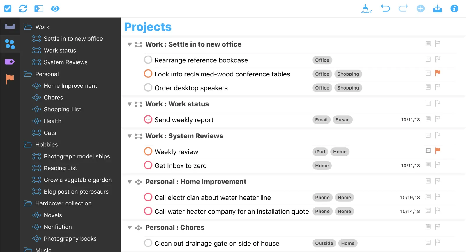 OmniFocus task management interface displaying project organization.