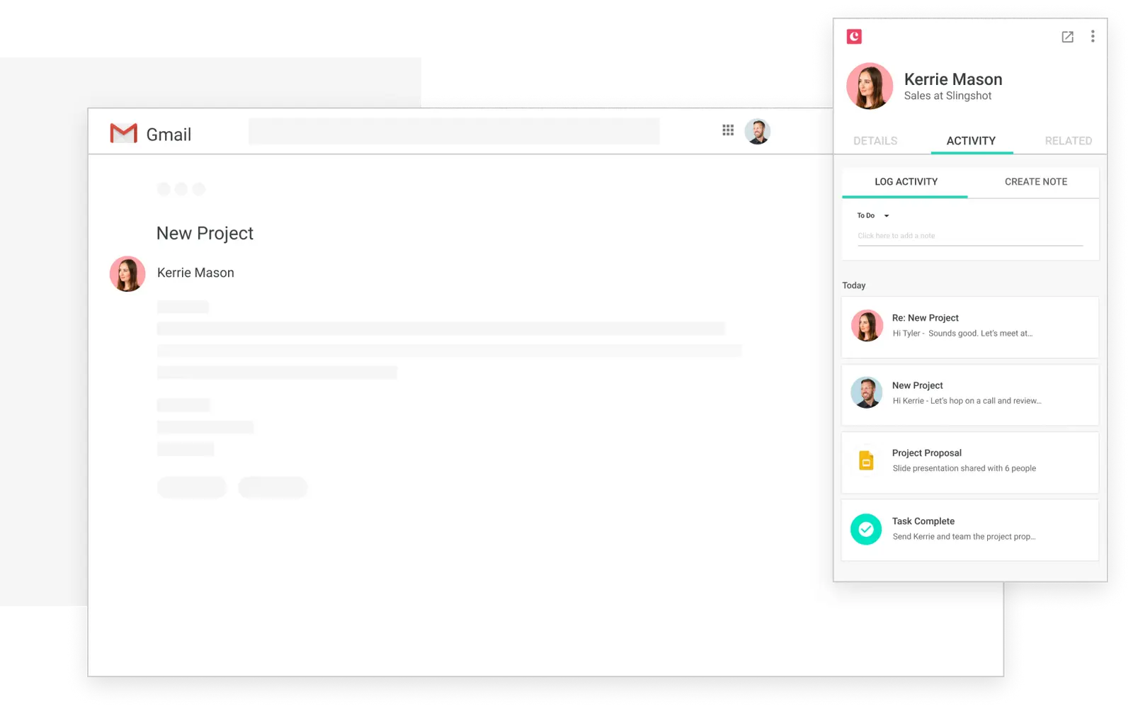 Copper CRM showing integration with Gmail and activity log.