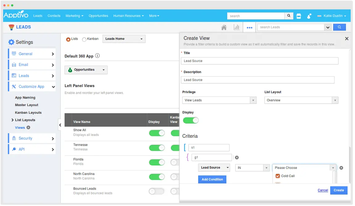 Apptivo showing the process of creating a custom view for leads.