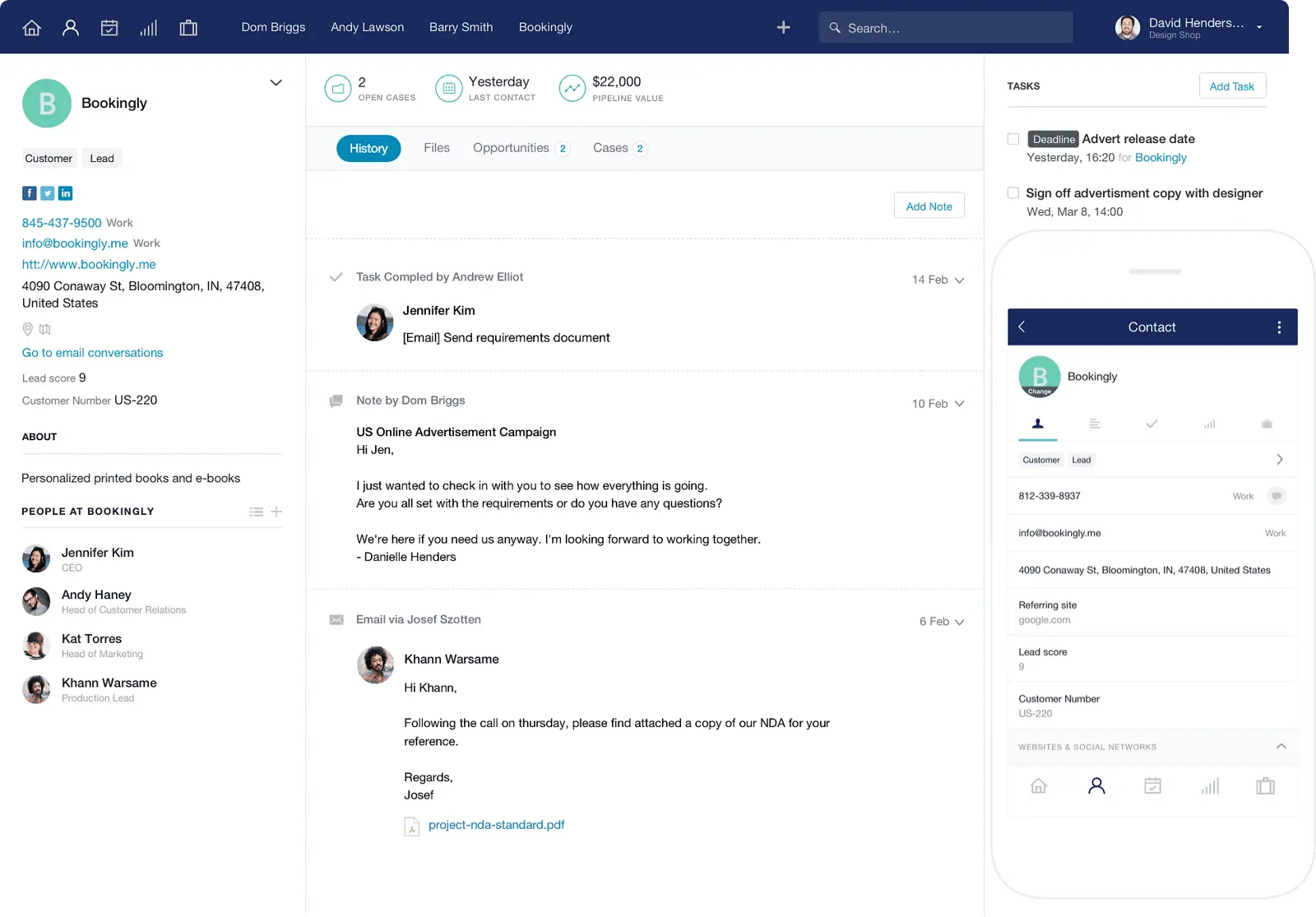 Bookingly interface showing client communication and project details.