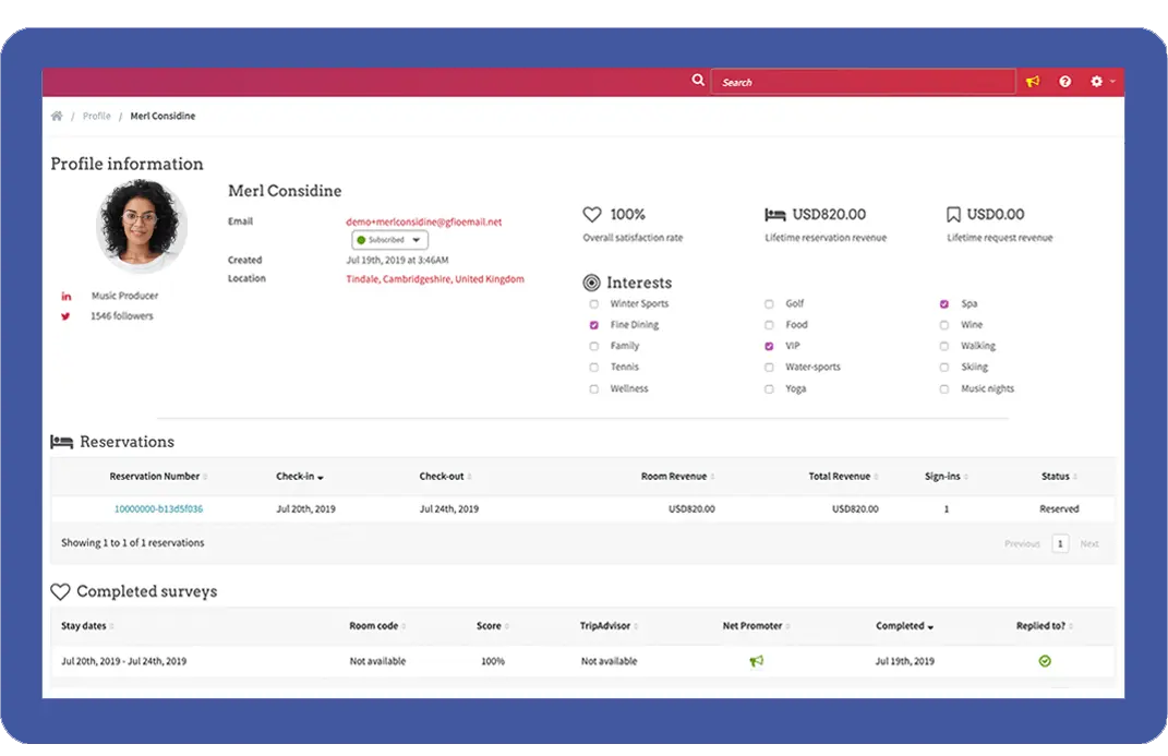 eInsight CRM user profile showing reservations and interests.