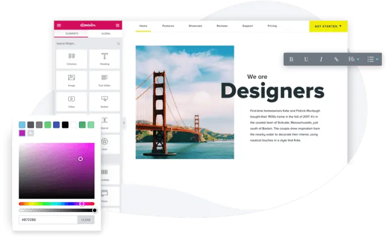 Elementor showing a website design with text and customization options.