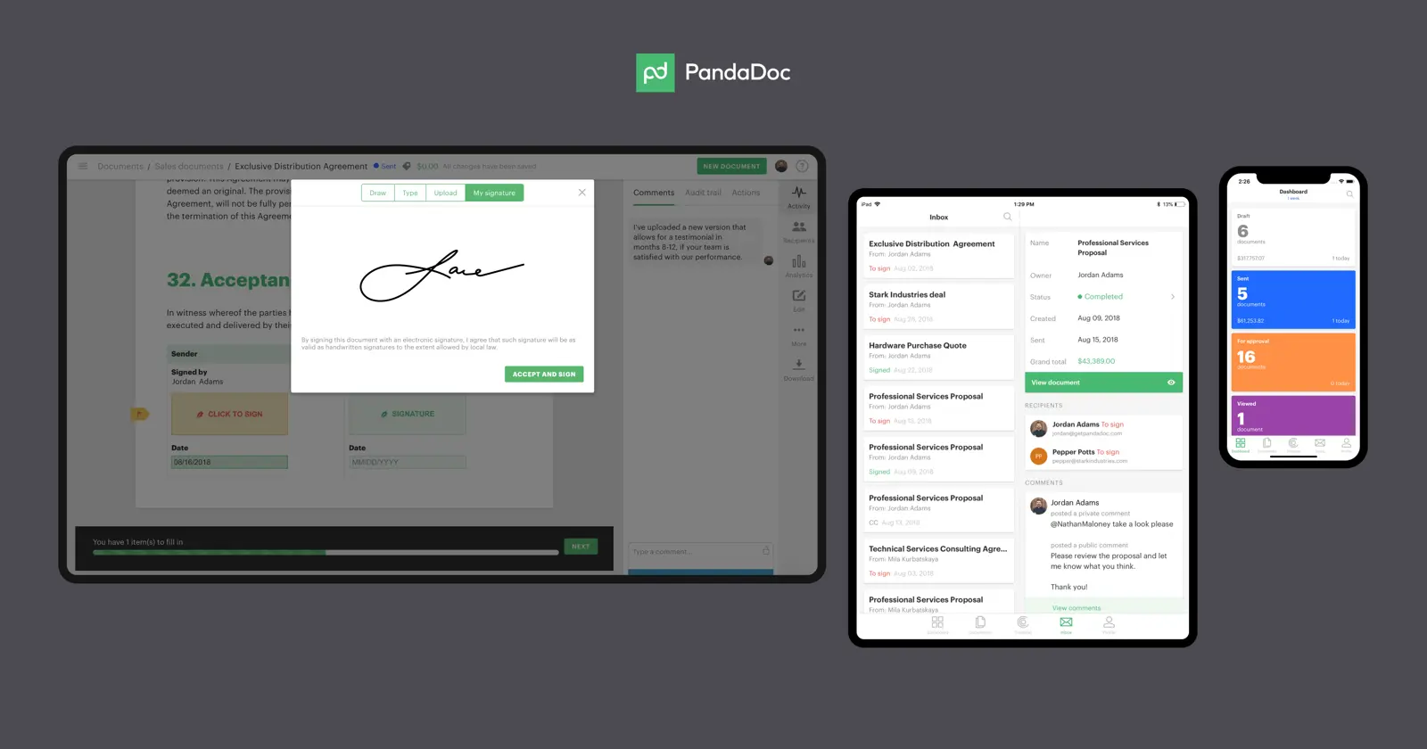 PandaDoc interface displaying a document signing feature across multiple devices.