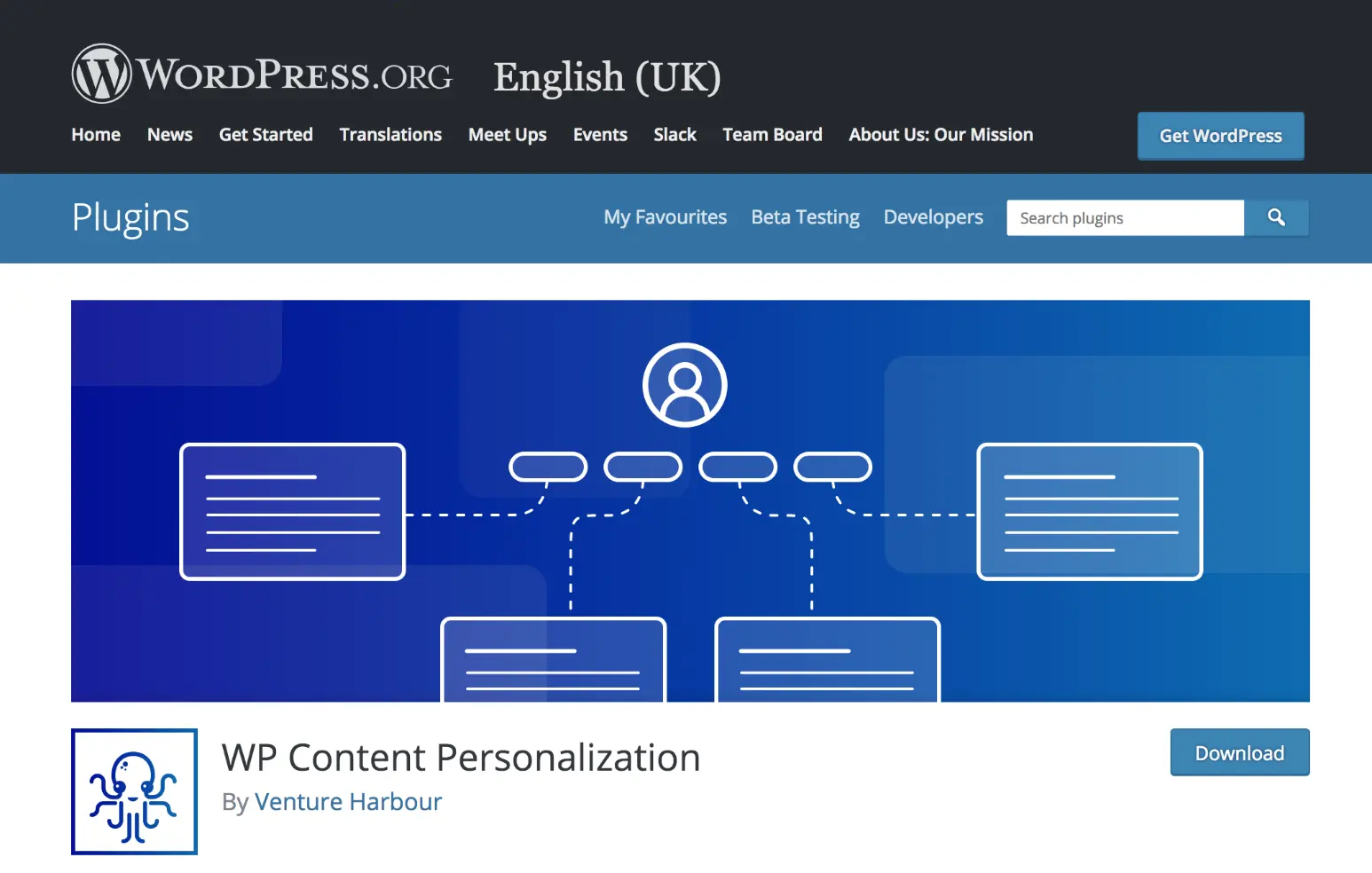 WP Content Personalization showing plugin details and features.
