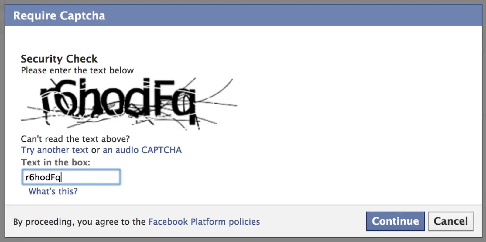 Facebook captcha security check requiring text entry.