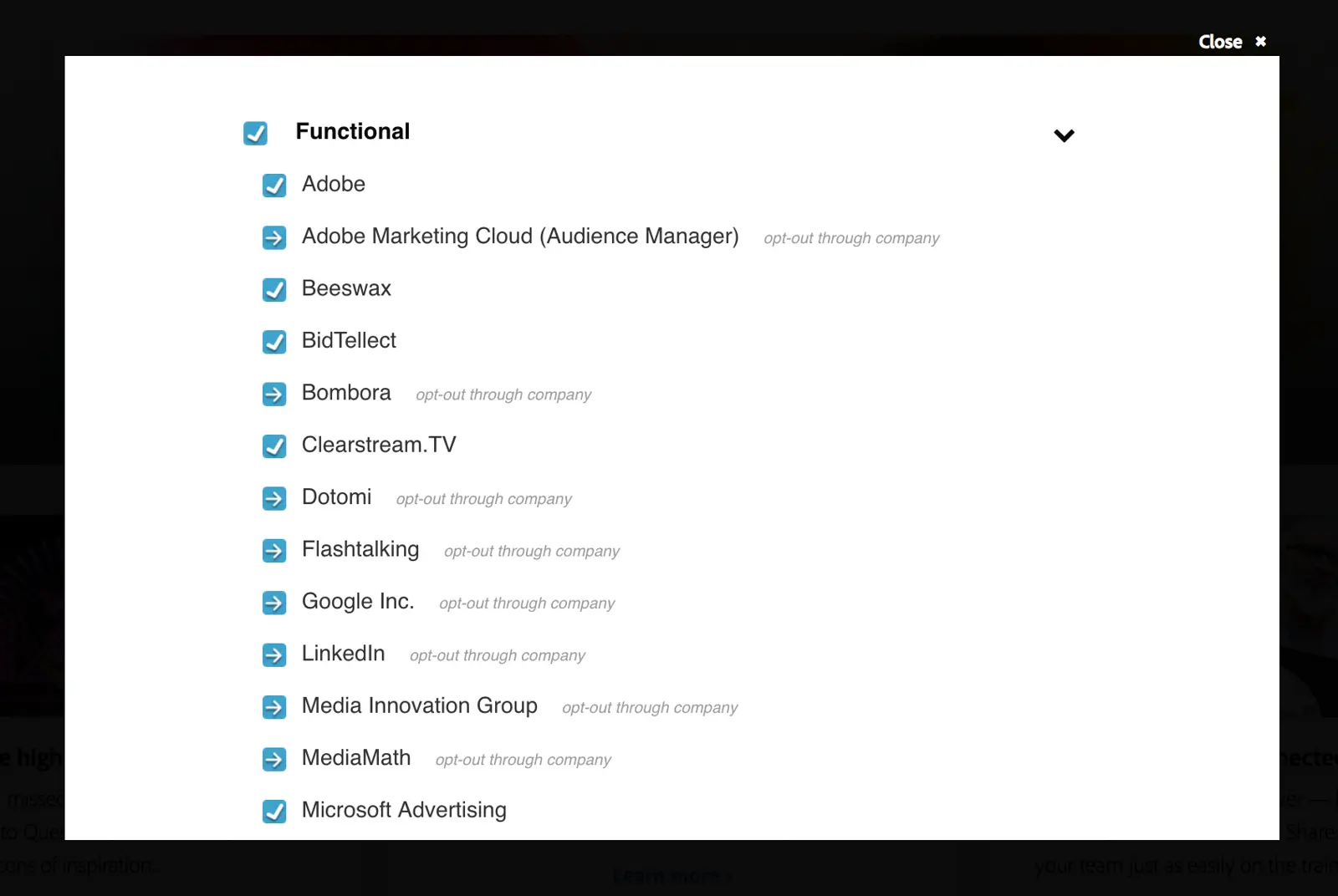 Adobe Marketing Cloud opt-out options in a checkbox list.