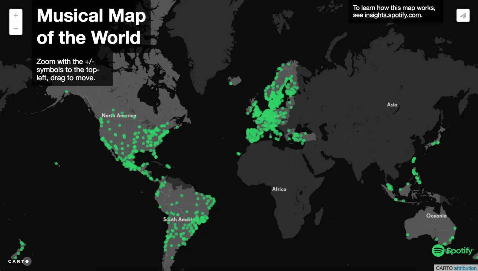 Spotify musical map of the world showing geographic music popularity.