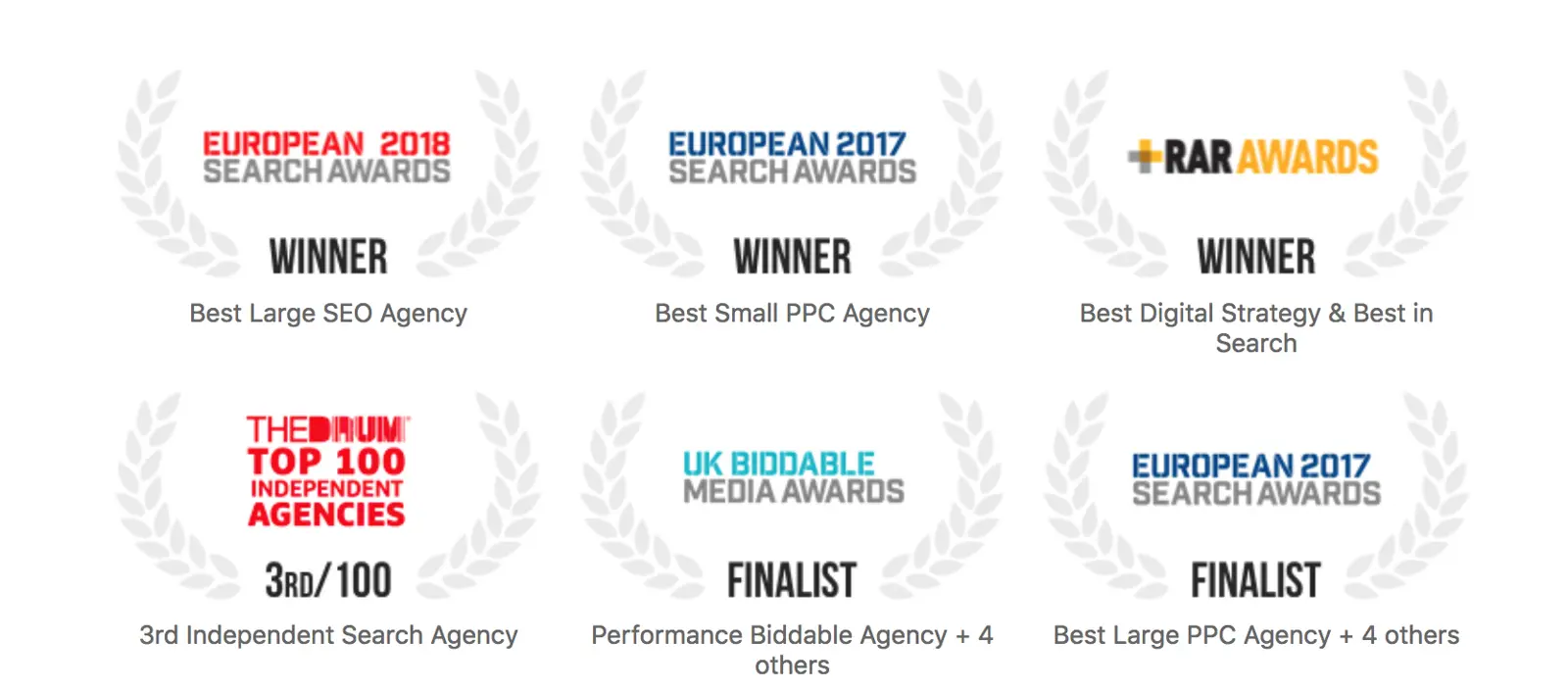 Awards showcasing recognition for SEO and PPC agency achievements.